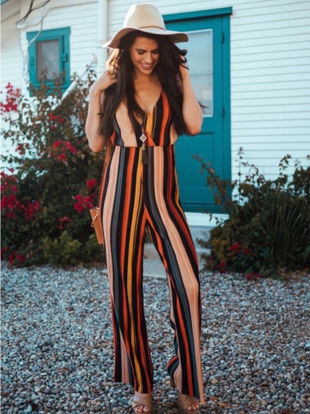 The Vintage Shop Retro Inspired Multi-Stripe V-Neck Wide-Leg Jumpsuit